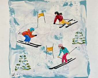 Skiing, winter fun, original painting, whimsical skiers, snow, sports, downhill skiing, original art, abstract, folk art, winter trees, cold