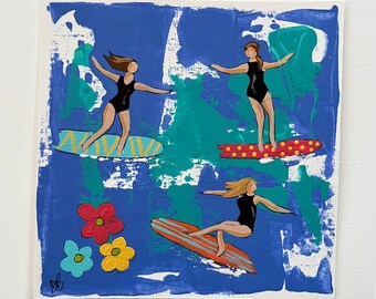 Original acrylic painting , ladies surfing, girls having fun, girl power, whimsical art, colourful art, surfboards, waves, ocean love, fun