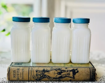 Vintage Griffith's Milk Glass Spice Jars: Art Deco Blue Lids, Set of 4