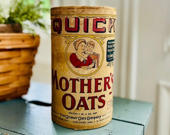 Quaker Quick Mothers Oats Package, 1 lb. 4 oz. Container, Orig. Quaker Oats Cardboard Canister, Early 20th Century Advertising … 1910-20s