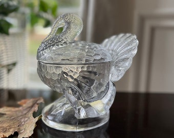 Vintage L.E. Smith Glass 2 pc Tom Turkey Clear Glass #207, Smith Mark on Bottom, Thanksgiving Table Decor, Candy Dish with Lid ...Pretty!