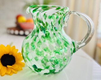 Hand Blown Murano Style Pitcher, Amici Green and White Confetti, Water Pitcher, Lemonade Pitcher, Margarita Pitcher, 71 oz.  … WOW Color!