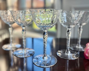 5 Brilliany Cut Crystal Champagne Cocktail Glasses, Tall Crystal Optic Chevron, Berry, Leaf, Blown Glass, Intricately Cut … STUNNING 1940’s!