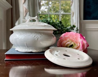 3 PC Ironstone Soap Dish With Lid and Insert, Vintage Stained/Crazed Ironstone, Embossed Scroll Pattern, Country Farmhouse Decor/Shabby Chic