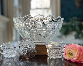 RARE 1907 Cambridge Glass Punch Set, “Near Cut” Inverted Feather #2651, Bowl + 7 Fancy Petal Base Cups …. Beautifil Antique Punch Set!