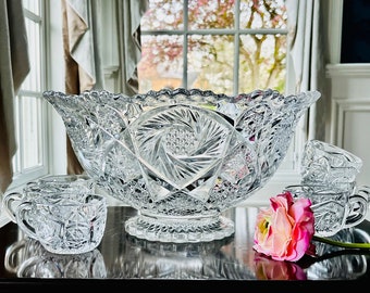 13 PC. Imperial Scalloped Foot Whirling Star Punch Bowl + 12 Cups, Pattern #500 Marked IG Imperial Glass-Ohio, Wedding ....  STUNNING!