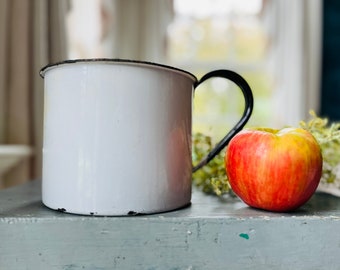 Large White Enamel Cup With Handle/Black Trim, Vintage Chippy Graniteware, Rustic Farmhouse Kitchen Countertop, Utensils/Flower/Snack Holder