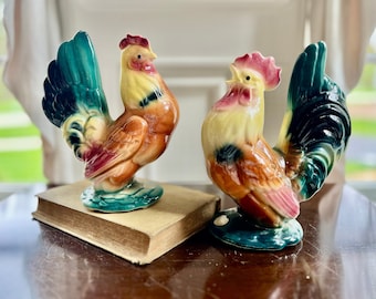 1950’s Pair Royal Copley Rooster Hen Chicken Figurines, Orig Stickers Attached, Vibrant Colors, Mid Century Ceramic Figurines