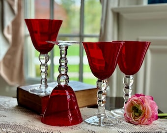 4 Vintage Ruby Red Wine Glasses, Water Goblets With Clear Ball Stems, 7 5/8” Tall …. Gorgeous Color!