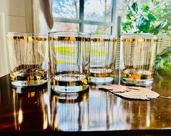 4 George’s Briard Signed Mid Century Double Old Fashion Glasses, 22 Kt. Gold Stripe Classic, Elegant, SOPHISTICATED MCM Barware!