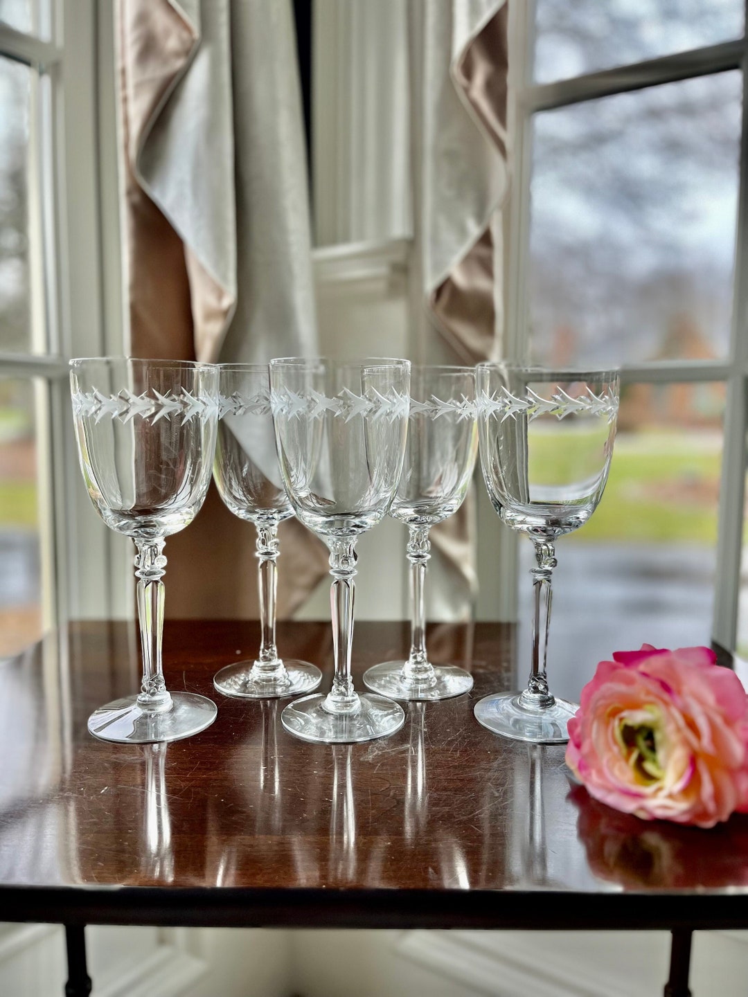 5 Fostoria holly Clear Water Goblets, Laurel Leaf Cut Crystal Stemware