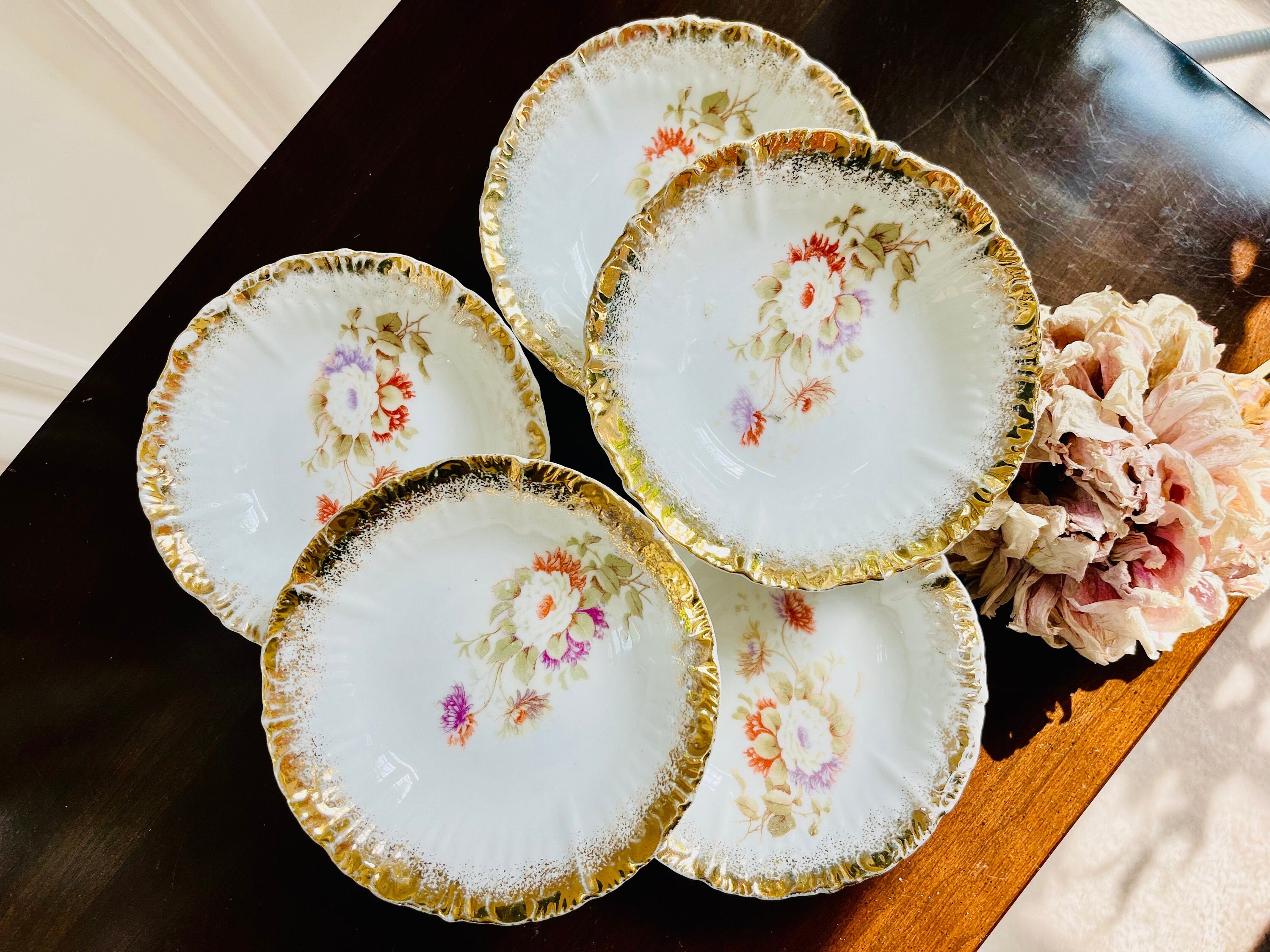 Set of 5 Antique Bone China Bowls, Nappys, Fruit or Dessert, Handpainted Victorian White/Lavender/Green Floral w/Gilt Ruffled Edge! CHARMING