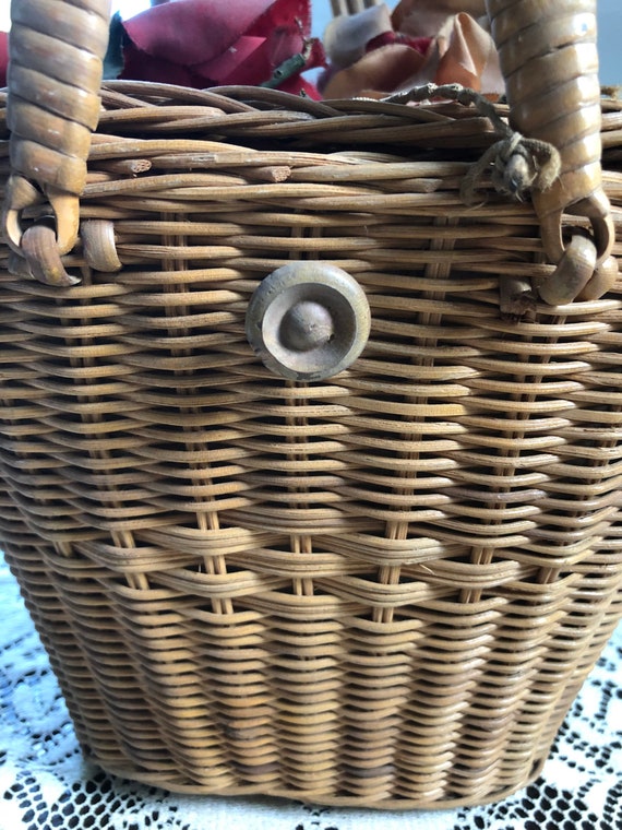 Antique Wicker Basket Purse, Swing Double Handles… - image 6