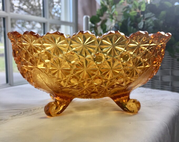 Amber Glass Daisy Button Footed Bowl, Vintage L E Glass Co, Crystal
