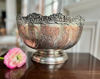 Large Art Deco Silver Plated Punch Bowl, Champagne Bowl, Stunning Repousse Edging, Tarnished & Aged Patina Silver Over Copper … BEAUTIFUL!