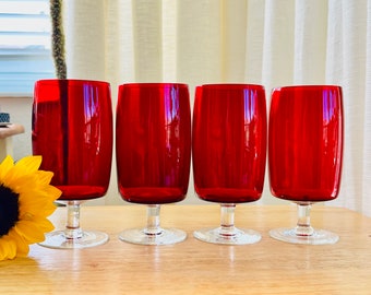 4 Vintage Ruby Red Ice Tea Glasses, 10 oz. Water Goblets With Crystal Stems, Tumblers, Drinkware, Morgantown Glass Co (?) … Gorgeous Color!