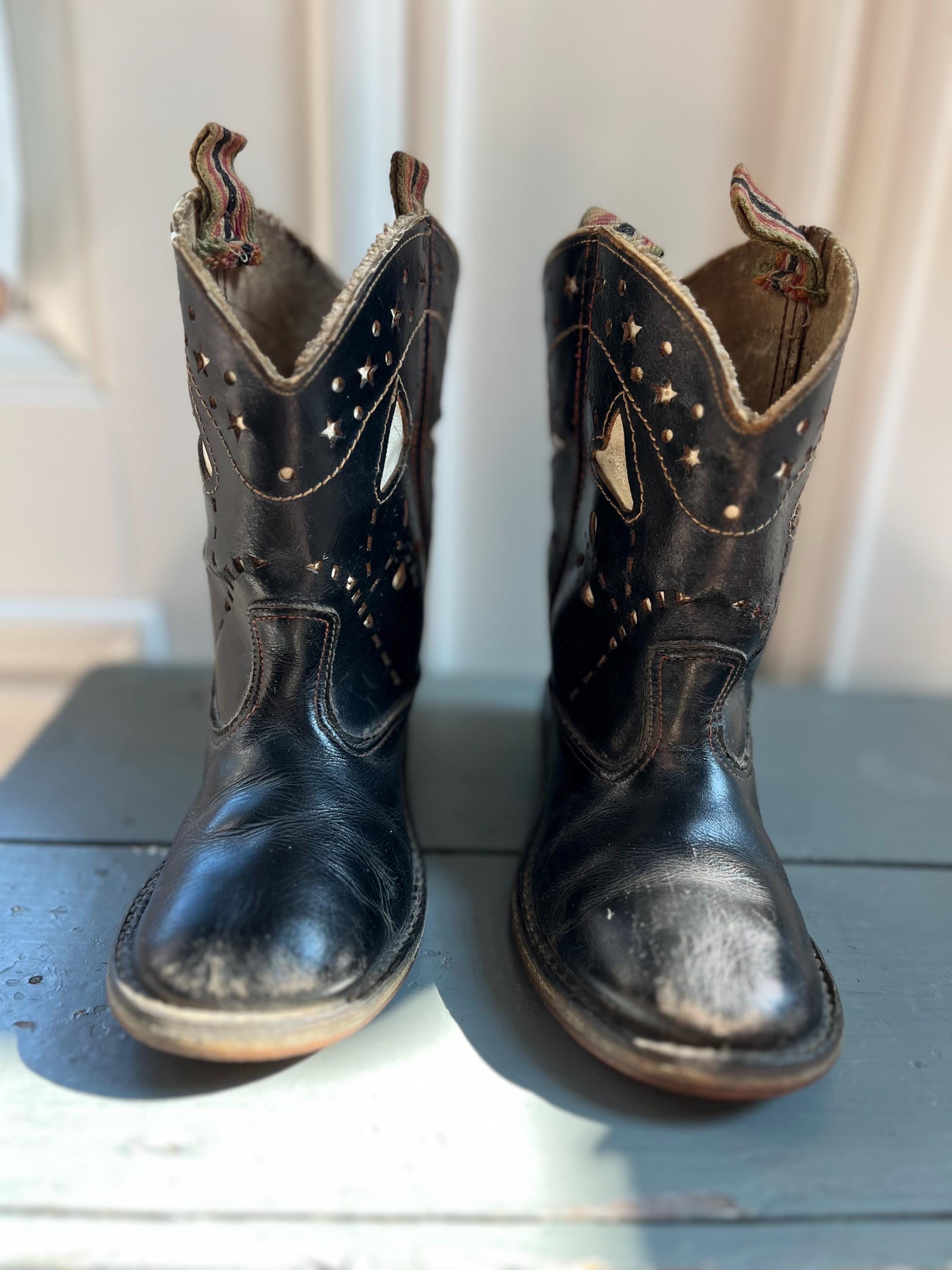 Vintage 50's Kids Cowboy Boots, Black Leather With White