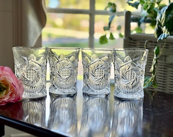Set of 4 McKee EAPG Sunburst Whiskey Glasses, Antique Pressed Glass Tumblers C. 1909