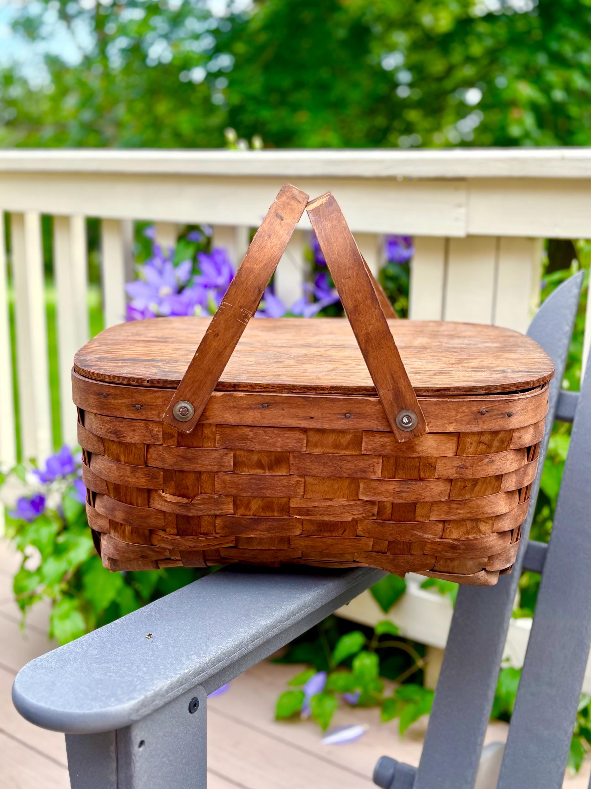 1940's-50's Vintage Wooden Lidded Picnic Basket, Double Handle