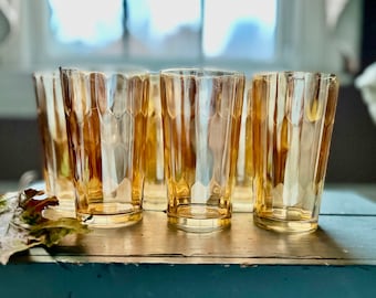 6 Jeannette Marigold Tumblers 5”, Hex Optic Lusterware Carnival Glass, Mid Century Highball Glasses, Retro Glassware, Beautiful COLOR…1940’s