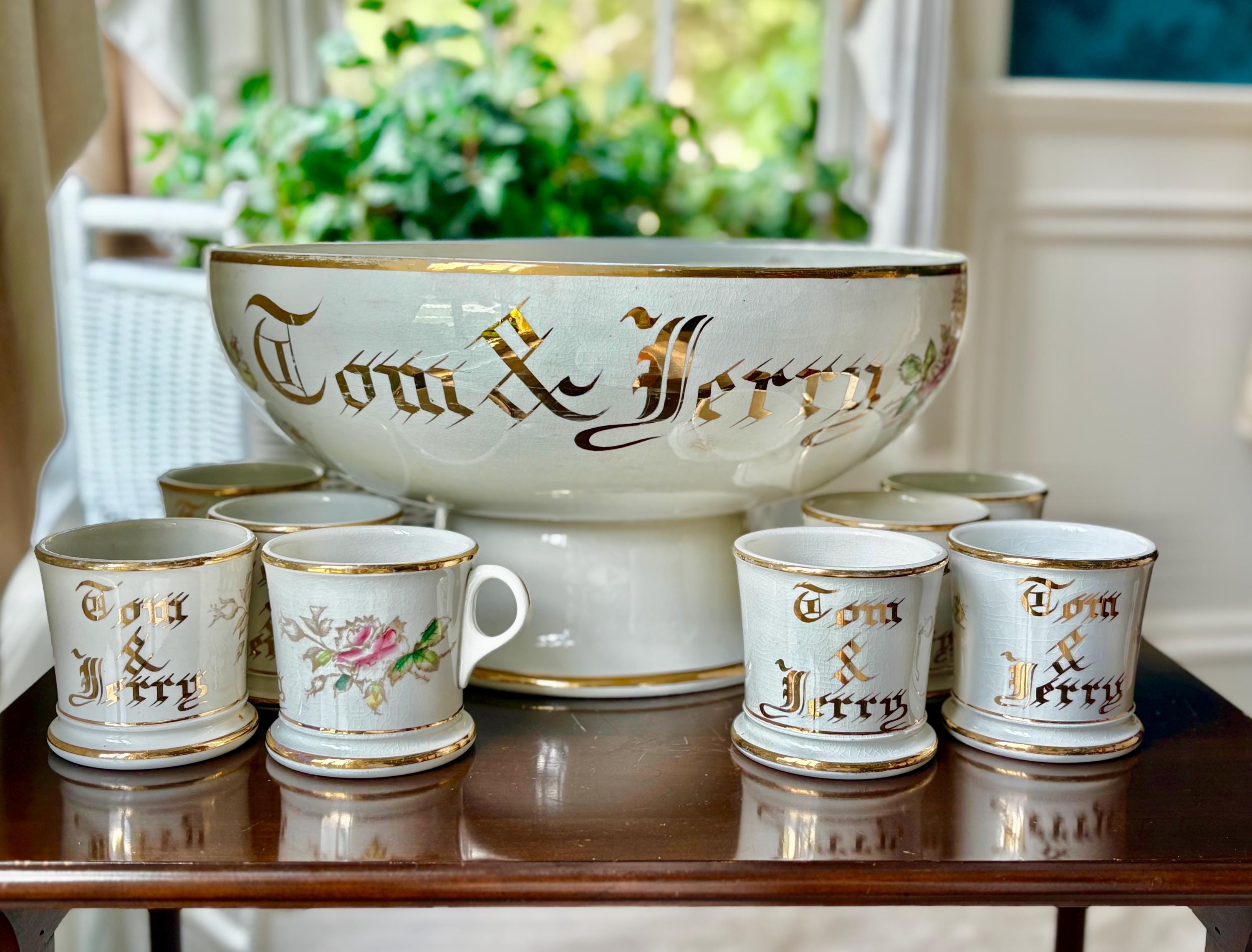 1920's Dresden 9 PC Tom and Jerry Set, LG. Bone China Footed Bowl