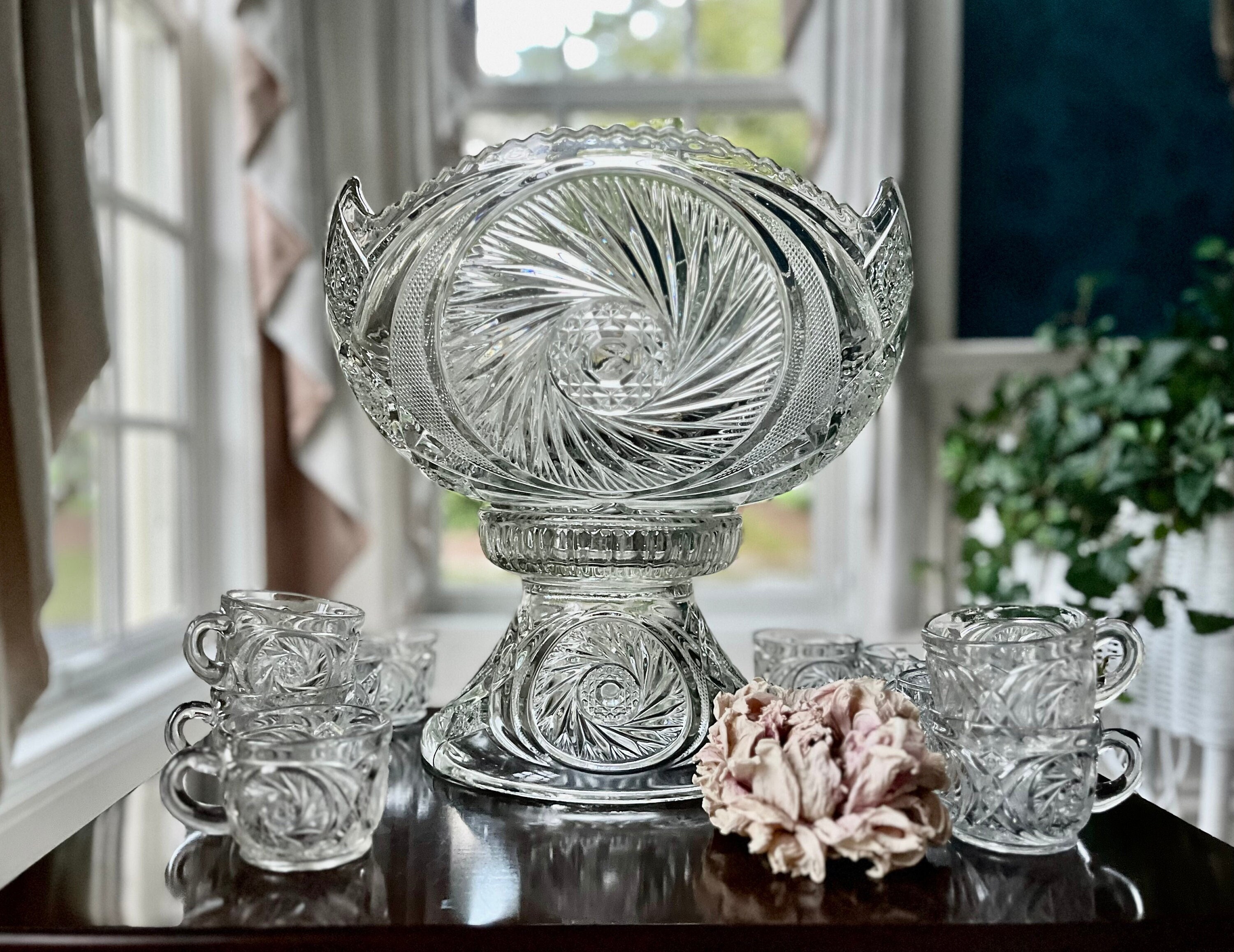 RARE 1904 McKee “Aztec” Pedestal Punch Bowl + Pedestal Base + 12 Cups, Signed “Pres Cut” Lg Wedding, Early Original!  NOT REPRODUCTION