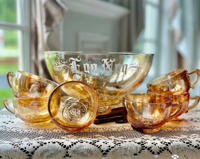 7 PC Vintage Egg Nog Set, Carnival Glass Irridescent Marigold