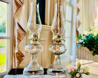 1900’s Matching Pair Oil Lamps, Wavy Crystal Glass, 18” Tall, Antique Kerosene Lamps, Refurbished and Ready to Use … Stunning Pair!