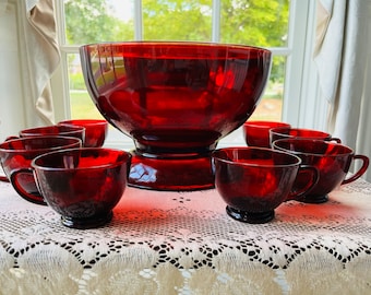 14 PC Anchor Hocking Red Glass Party Punch Set, RETRO! Vintage Royal Ruby Bowl + Stand + 12 Cups, Mid-Century Entertaining...Wow Color!