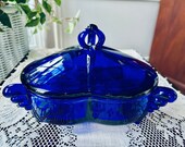 New Martinsville Moondrops Cobalt Blue Candy Nut Dish With Lid and Wing Handles, Divided, 3 Toed ART DECO RARE 1930 s