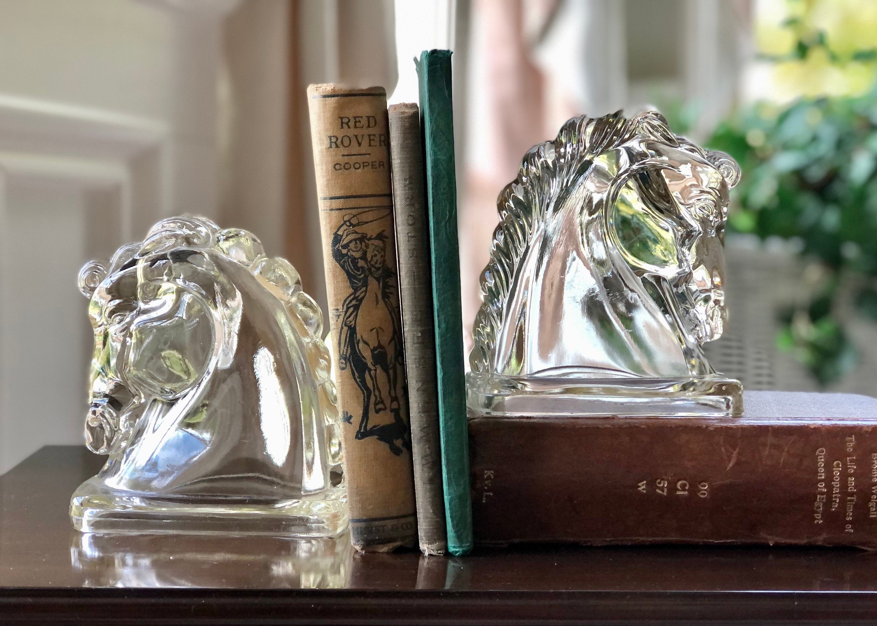Pair 2 Glass Horse Head Bookends Art Deco Mid Century Etsy