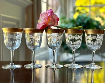5 Glastonbury-Lotus Gold Rim, Cut Crystal Claret Wine/Cocktail Glasses, Minton, 1930’s EXQUISITE!