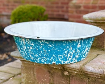 Vintage Blue Spatterware Enamel Basin, Farmhouse Decor (19 inch)