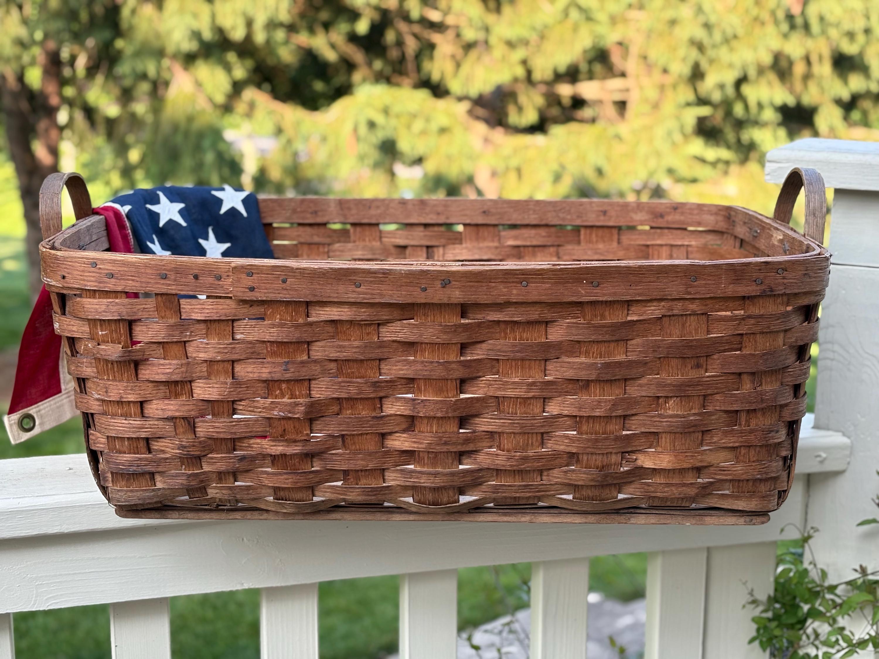 XL Antique Oak Laundry Basket: Primitive Americana Decor, Early