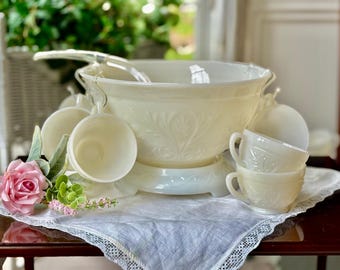 Vintage Hocking Milk Glass Punch Bowl Set: Mid Century Floral Sandwich Glass