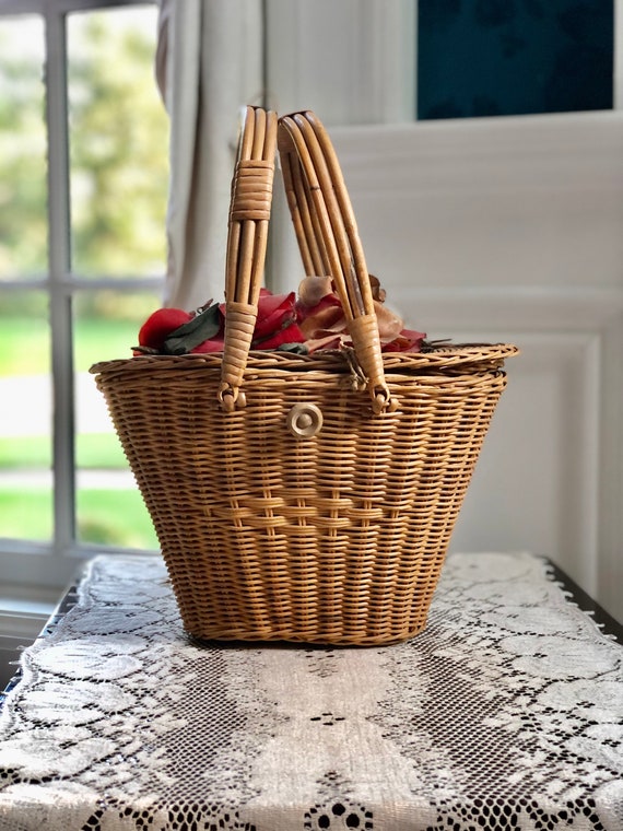 Antique Wicker Basket Purse, Swing Double Handles… - image 3