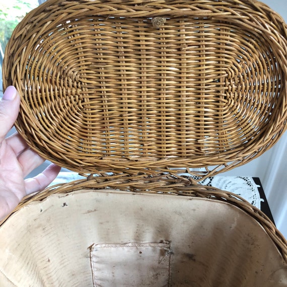 Antique Wicker Basket Purse, Swing Double Handles… - image 7