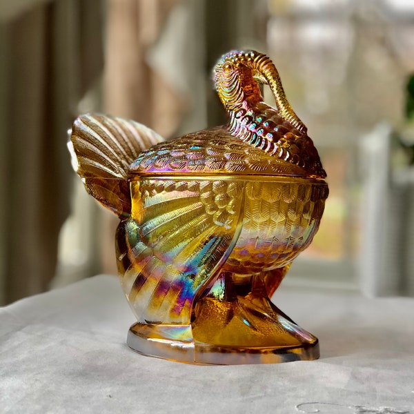 Rare L.E. Smith Glass 2 PC TOM TURKEY Marigold Carnival Glass #207, VintageThanksgiving Table Decor, Candy Dish with Lid  *Stunning Color!