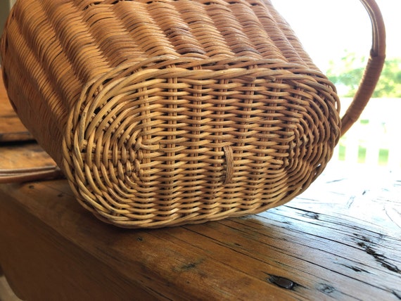 Antique Wicker Basket Purse, Swing Double Handles… - image 10