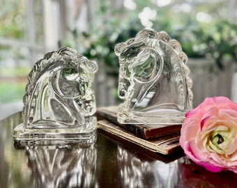 Vintage Federal Glass Horse Head Bookends: Mid Century Library Decor