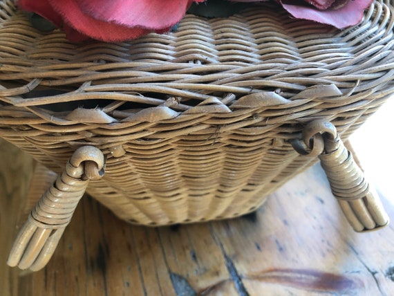 Antique Wicker Basket Purse, Swing Double Handles… - image 9