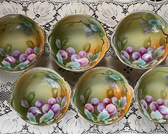 Set of 6 Japan Handpainted Bowls, Fruit or Dessert Bone China Bowls, Grapes + Leaves + Vine With Gold Gilt Trim, Georgeous Color!