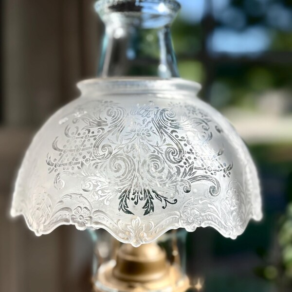 Antique Frosted Glass Shade, Victorian Acid Etched Floral and Scroll, Scalloped, 7 1/2”