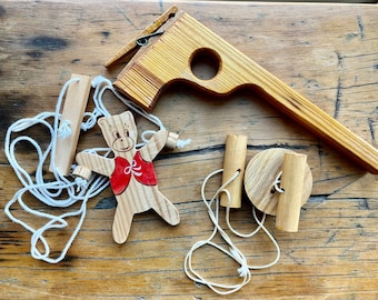 3 Piece Vintage Wooden Folk Toys, Climbing Bear Toy, USA Made