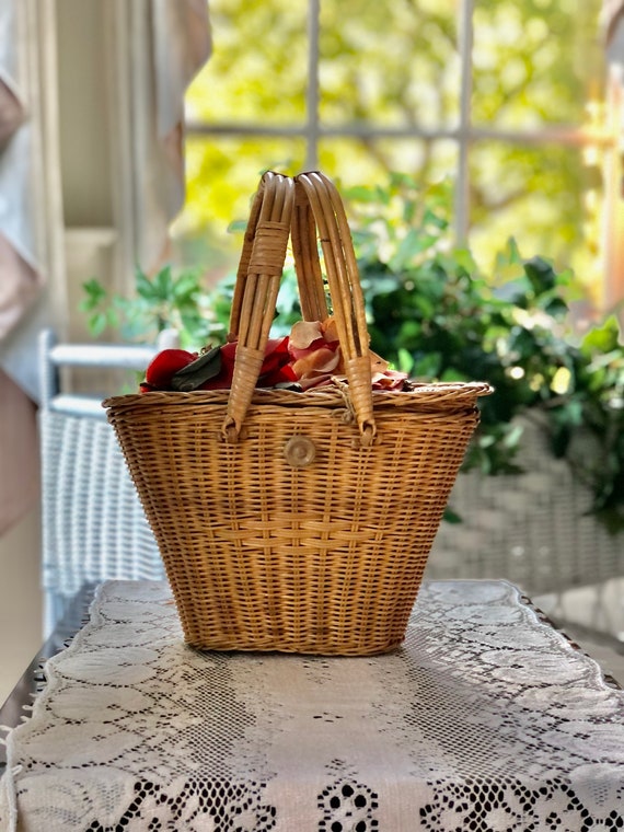 Antique Wicker Basket Purse, Swing Double Handles… - image 1