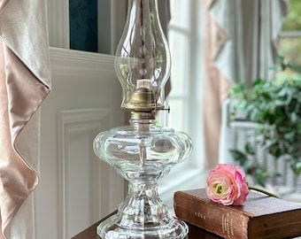 Large EAPG Oil Lamp, Vintage Octagon Beaded Design, 17 1/2” Tall, Ready to Use!