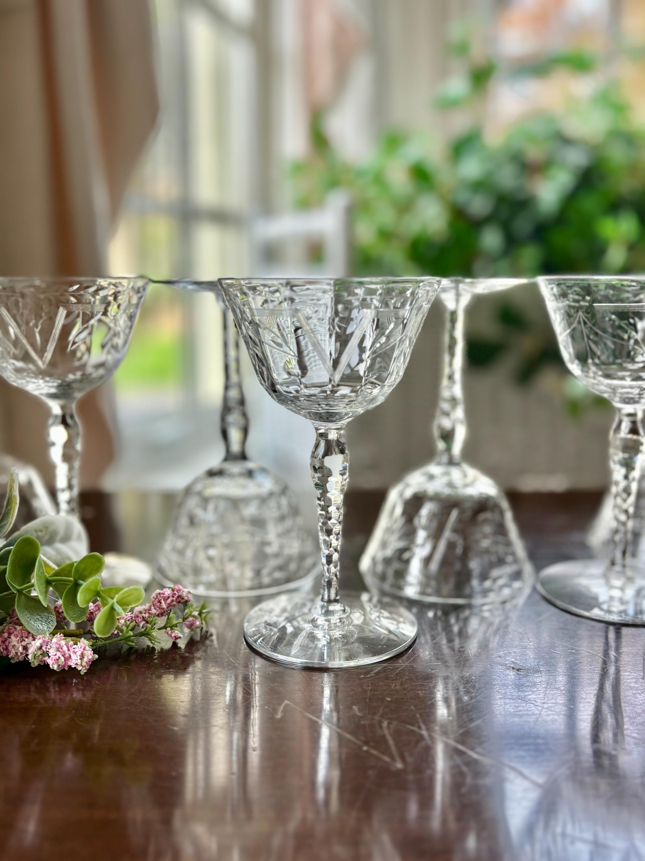 クリスタルボトル　昭和レトロ　ヴィンテージ Vintage Needle Etched Crystal Cordial Glasses - Art Deco Liquor