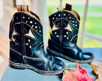 Vintage 50's Kids Cowboy Boots, Black Leather With White