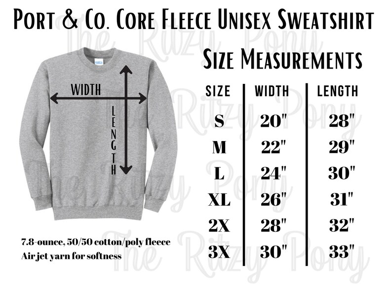 Pu&ograve; includere: Una felpa unisex grigia con misure. La felpa ha una larghezza di 51 cm per la taglia S, fino a 76 cm per la taglia 3XL. La lunghezza varia da 71 cm a 84 cm. Il testo dice "Port & Co. Core Fleece Unisex Sweatshirt."
