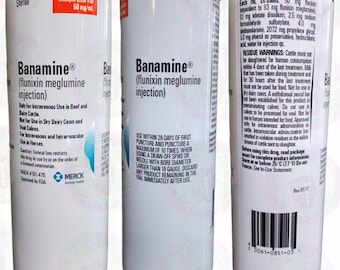 May include: A white cylindrical container labeled "Banamine (flunixin meglumine injection)". The container includes text about usage, warnings, and ingredients. The container is 100 ml.